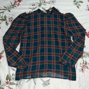 Double layered sheer plaid blouse w/puffed shoulders